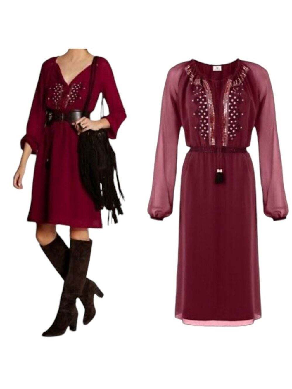 Altuzarra Georgette Sequin Tassel Dress Sz 2 Maroon Pheasant Embroidered MIDI